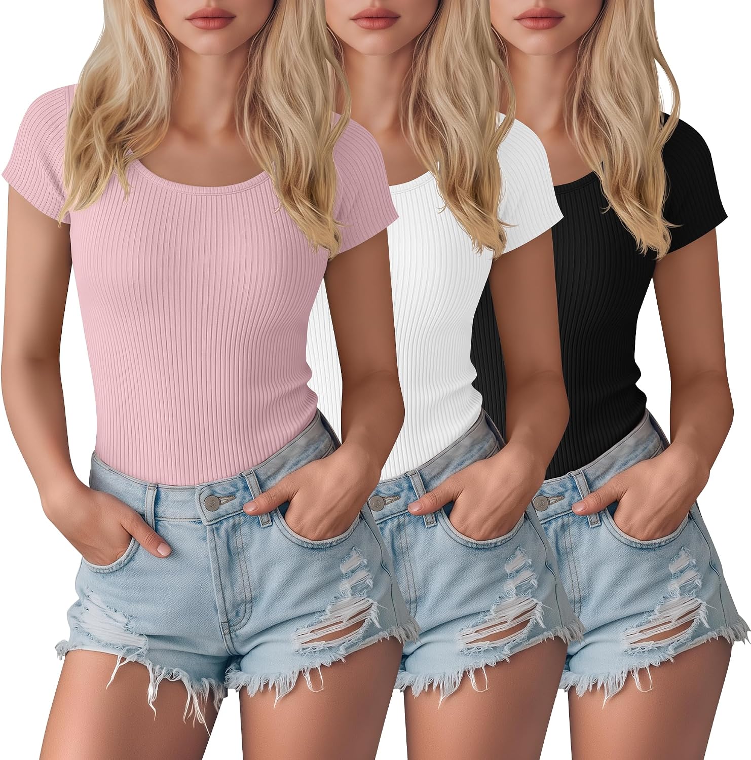 3 Pack Women’s Short Sleeve Bodysuit Ribbed Crew Neck T Shirts Cotton Leotards Summer Basic Slim Fit Body Suit Tops