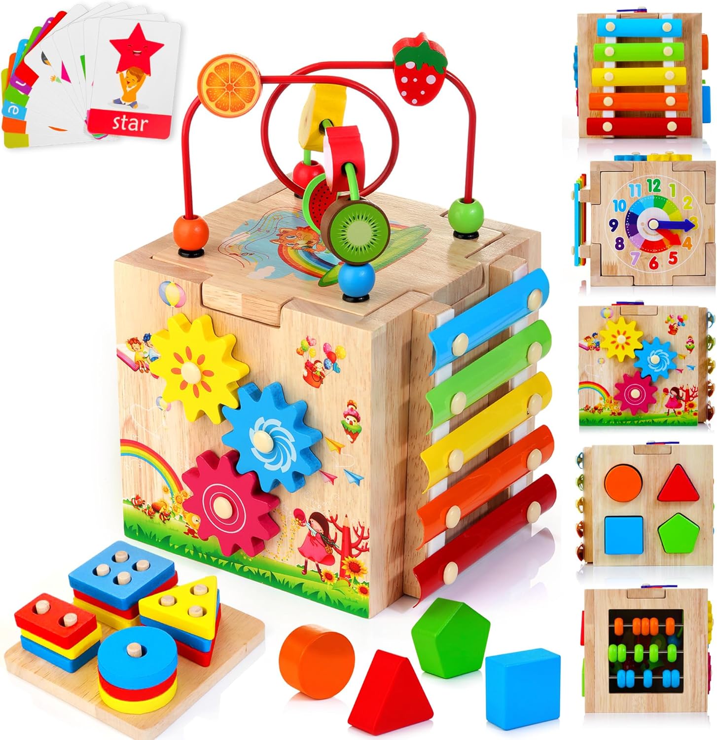 HELLOWOOD Wooden Activity Cube, 8-in-1 Montessori Baby Toys for 1+ Year Old Boys & Girls, Educational Learning Toys for Toddlers Age 1-2, 1st Birthday Gift | Bonus Sorting & Stacking Board