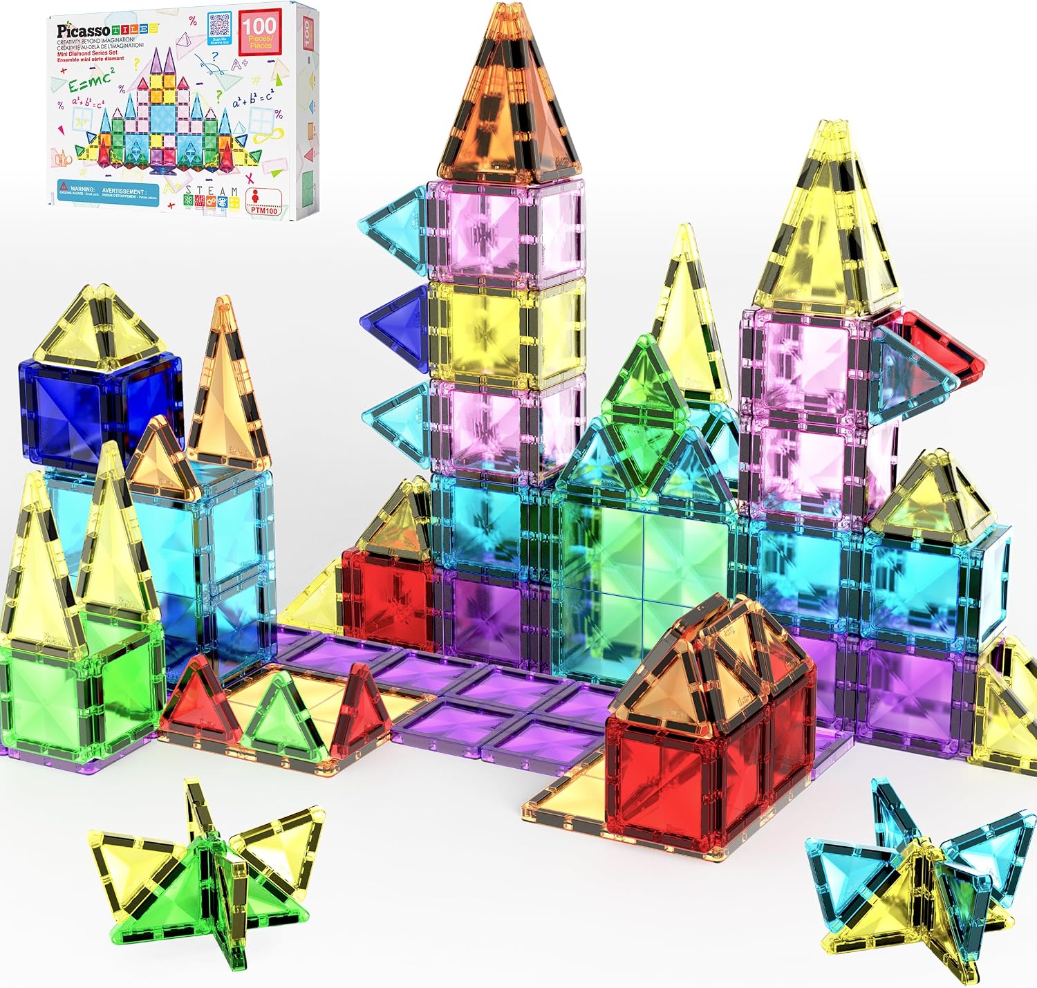 PicassoTiles 100pc Magnetic Tile Mini Diamond Set Travel Size STEM Educational Building Kit for Toddlers Preschool Boys Girls Age 3 Plus Montessori Indoor Learning Toy for Creative Development PTM100