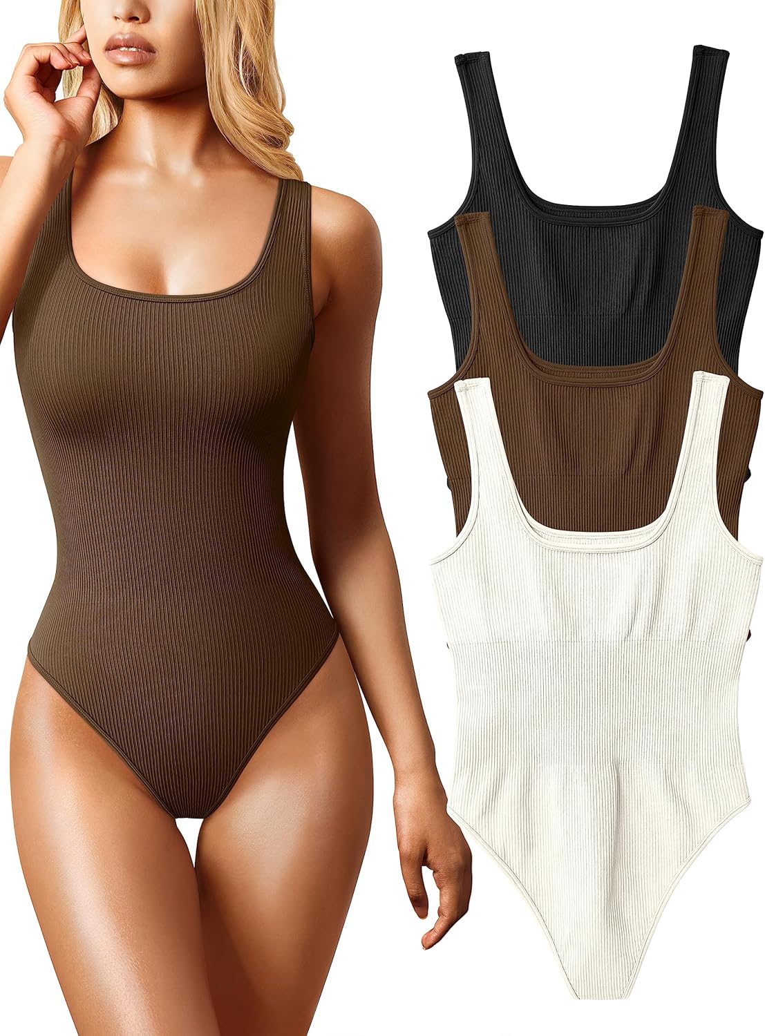 OQQ Women’s 3 Piece Bodysuits Sexy Ribbed Sleeveless Square Neck Tank Tops Leotard 2025 Trendy Outfits