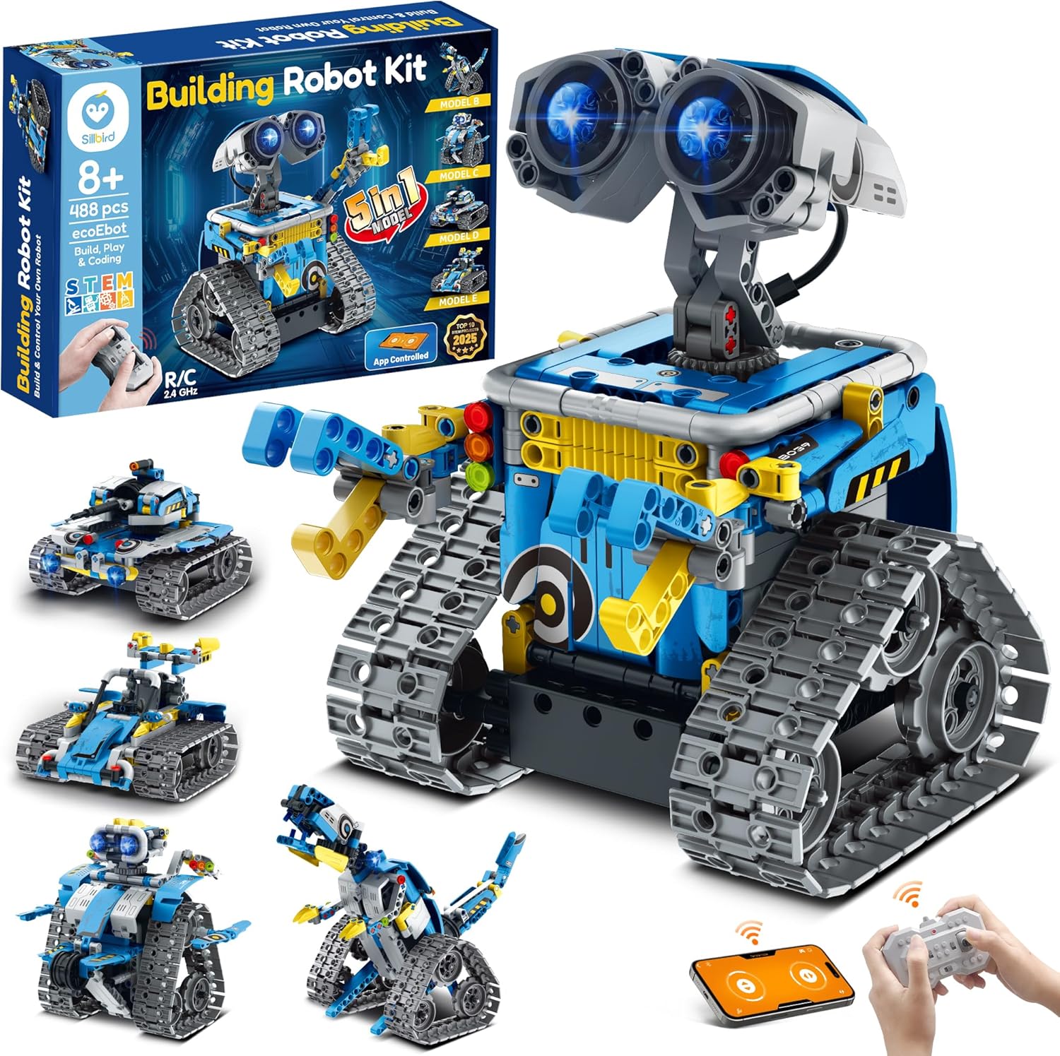 Sillbird Robot Building Kit with Remote Control STEM Gifts for Boys Ages 8-12, Coding Robotic Toys for Kids Birthday, Build 5in1 Models with 488 Pieces – Blue