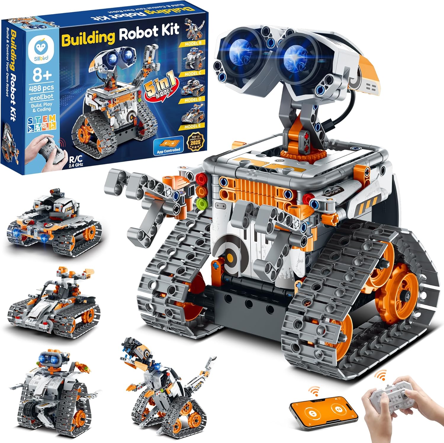 Sillbird Robot Building Kit with Remote Control STEM Gifts for Kids Boys Age 8-12, Coding Robotics Toy for Birthday – Buildable 5in1 Models with 488 Pieces – Orange