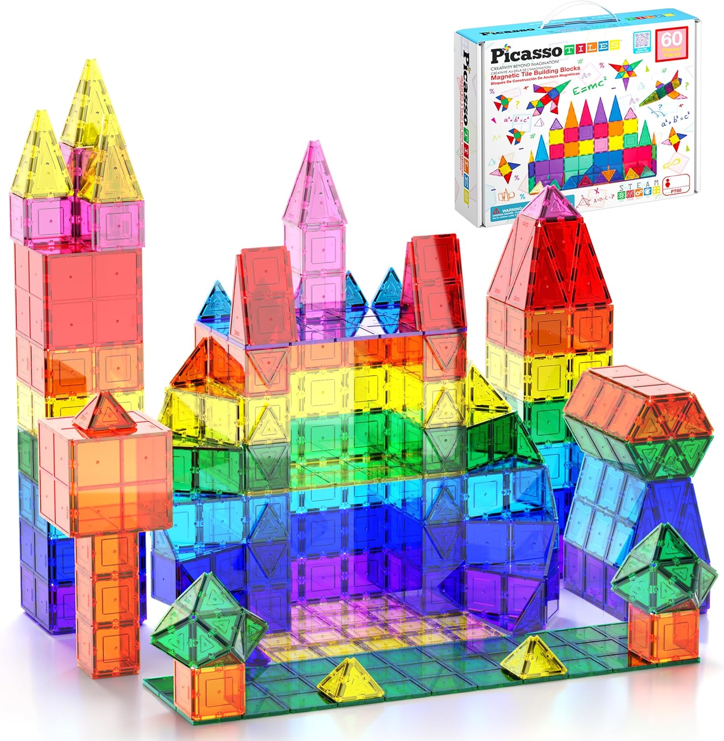PicassoTiles 60 Piece Set 60pcs Magnet Building Tiles Clear Magnetic 3D Blocks Construction Playboards – Creativity Beyond Imagination, Inspirational, Recreational, Educational, Conventional