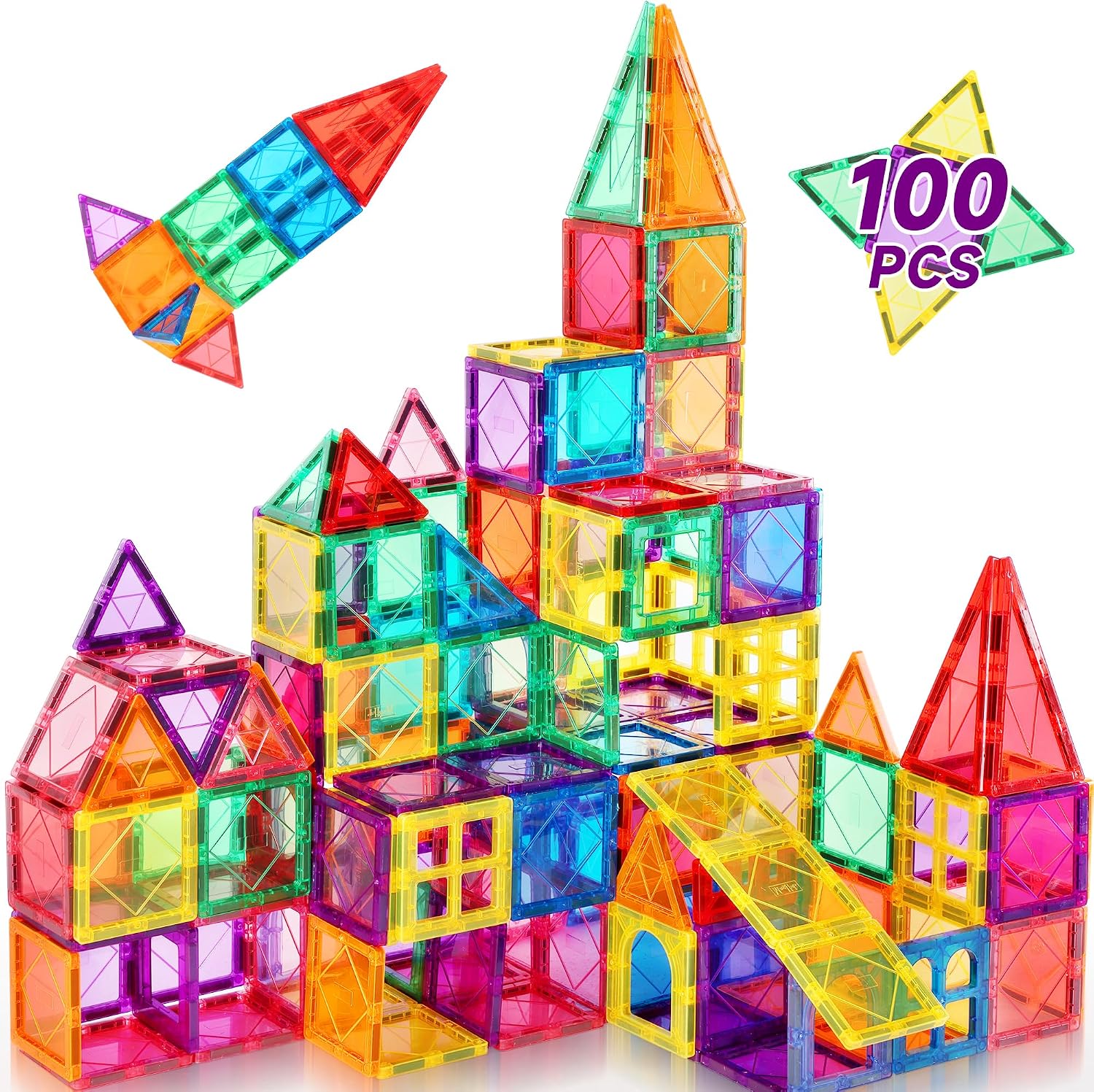 100PCS Magnetic Tiles Kids Toys – Magnetic Building Blocks STEM Magnet Building Set Preschool Learning Magnet Toys for Kids Ages 3-5 4-8, Sensory Montessori Toy for Toddlers 3+ Year Old Boys Girls