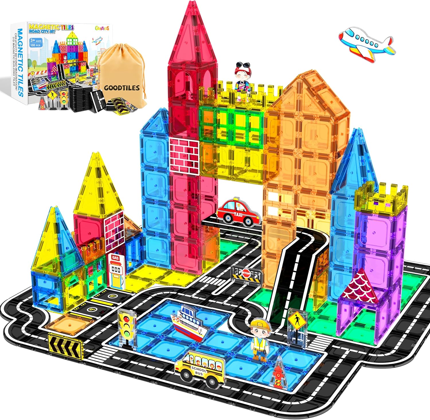 Magnetic Tiles Road Set 100Pcs- Magnetic Building Blocks for Kids Ages 3-5 and 4-8, Preschool STEM Sensory Toys for Toddlers 3-5, Educational Construction Gift for Boys & Girls Birthday Christmas