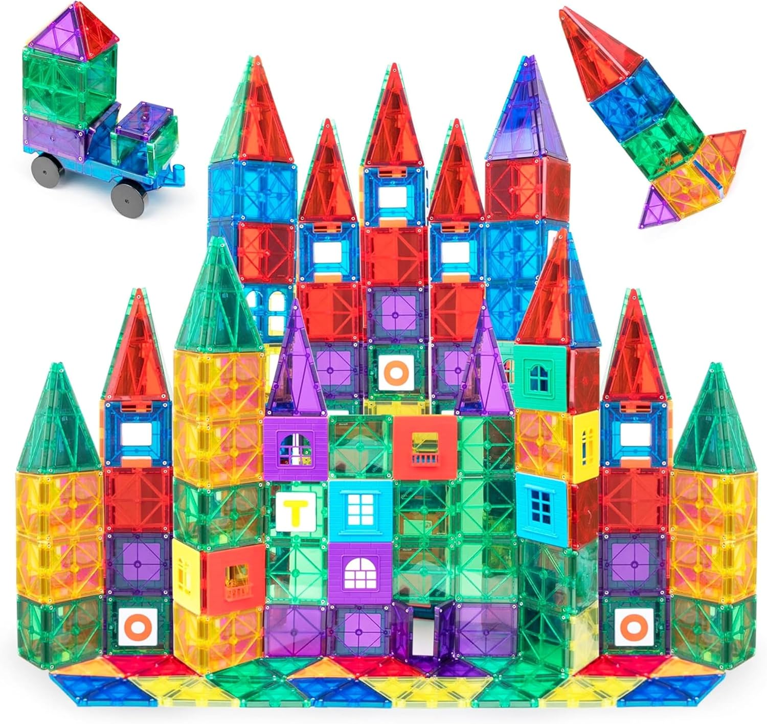 Playmags Magnetic Tiles for Kids 150-Piece Set, STEM Educational Building Blocks Toys for Kids, Includes Click-in ABC Learning Tiles, Gift for Boys & Girls, Add on Magnetic Figures, Car Set Available