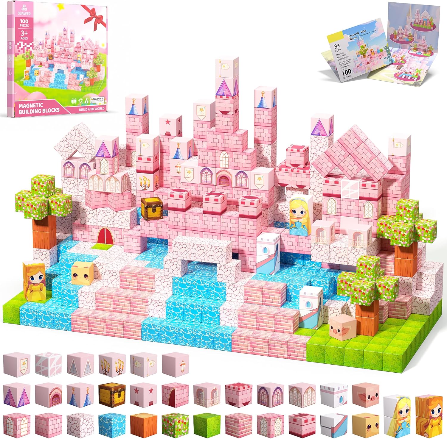Magnetic Blocks, 100PCS Magnetic Tiles Building Blocks, Magnet Cubes STEM Sensory Game Toys Christmas Birthday Gifts for Kids Girls Age 3+ (Princess Castle)