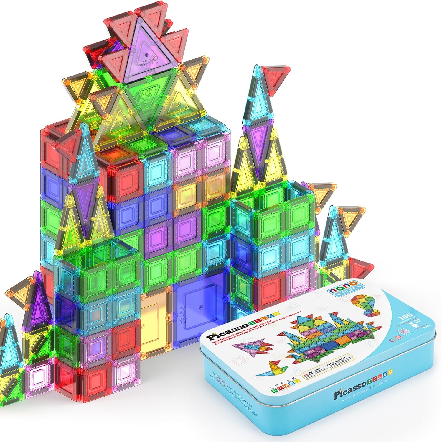 PicassoTiles 100PC Travel Nano Magnetic Tiles Construction Building Blocks Toy with Storage Case Educational STEM Learning Build Kit 3D Magnet Tile Stacking Block Toys for Kids Boys Girls Ages 3+ PN04