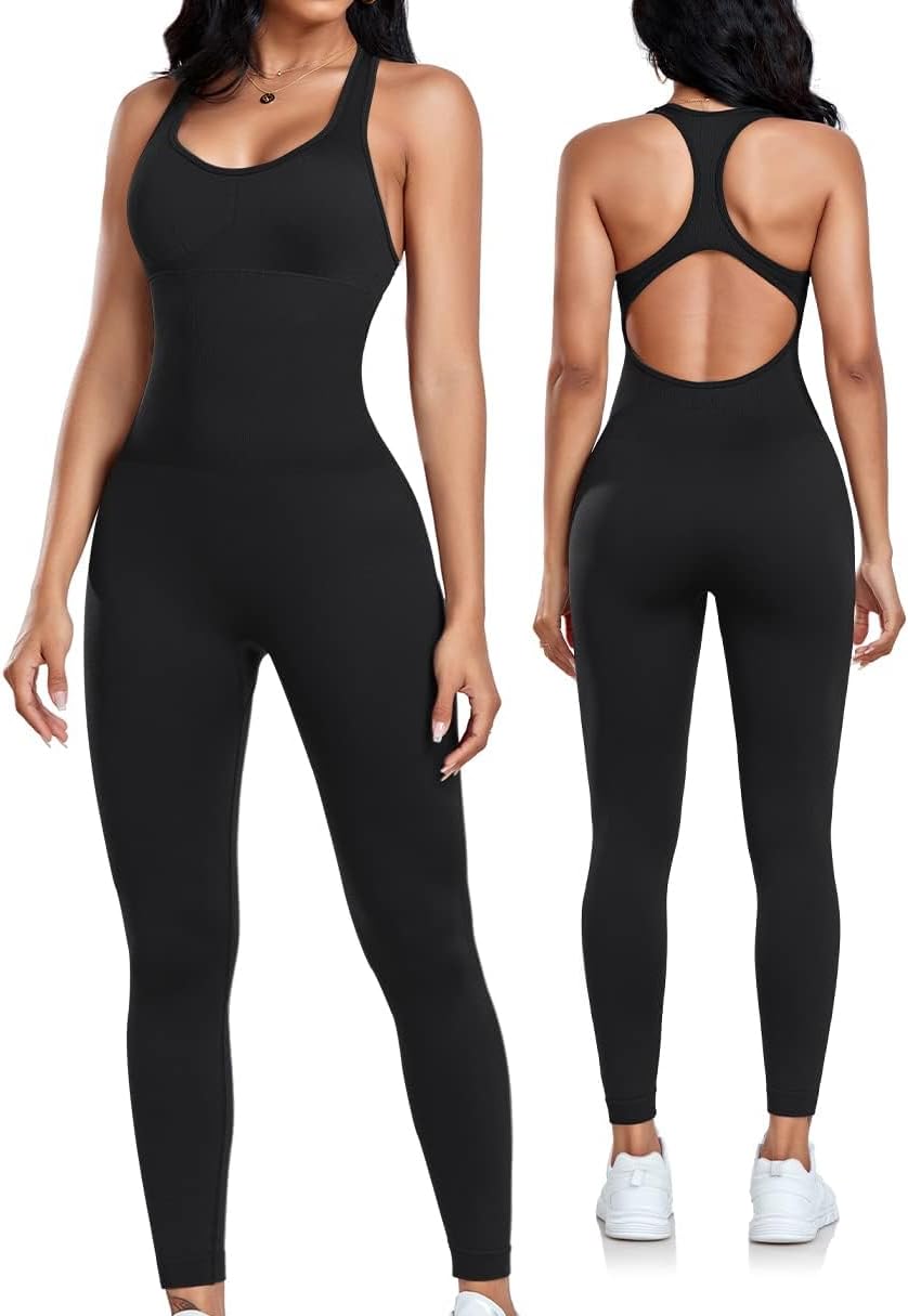 OLCHEE Womens Workout Jumpsuits Seamless Racerback Tummy Control Padded