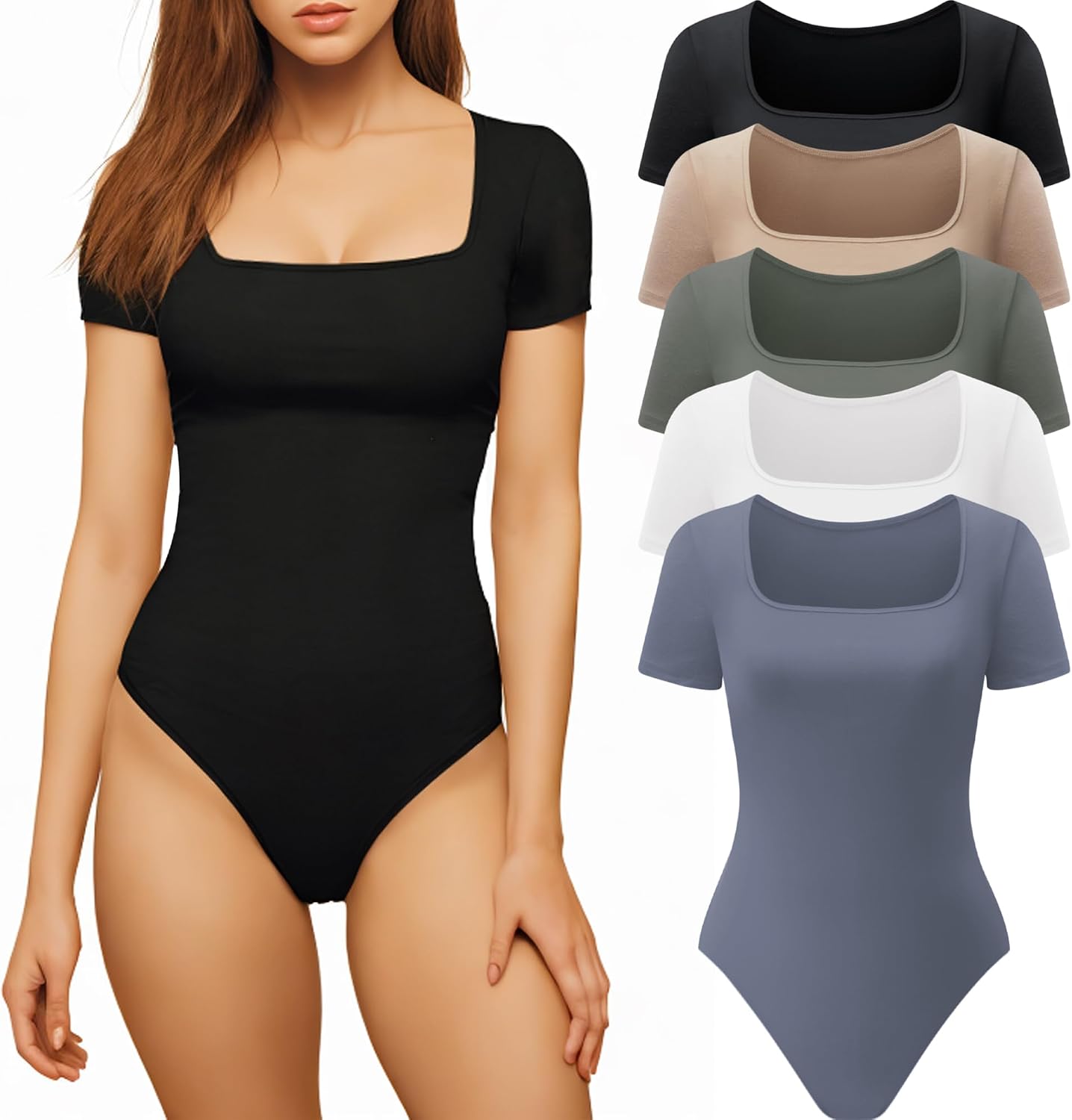 CE’ CERDR 5 Pack Bodysuits for Women Short Sleeve Square Neck Tops