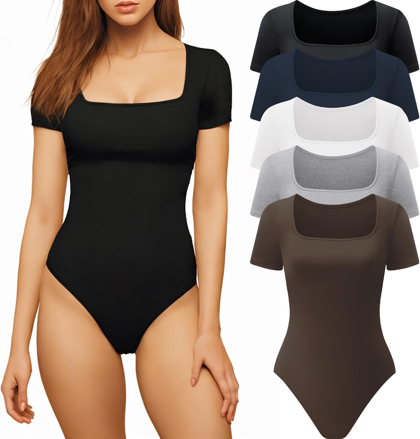 CE’ CERDR 5 Pack Bodysuits for Women Short Sleeve Square Neck Tops