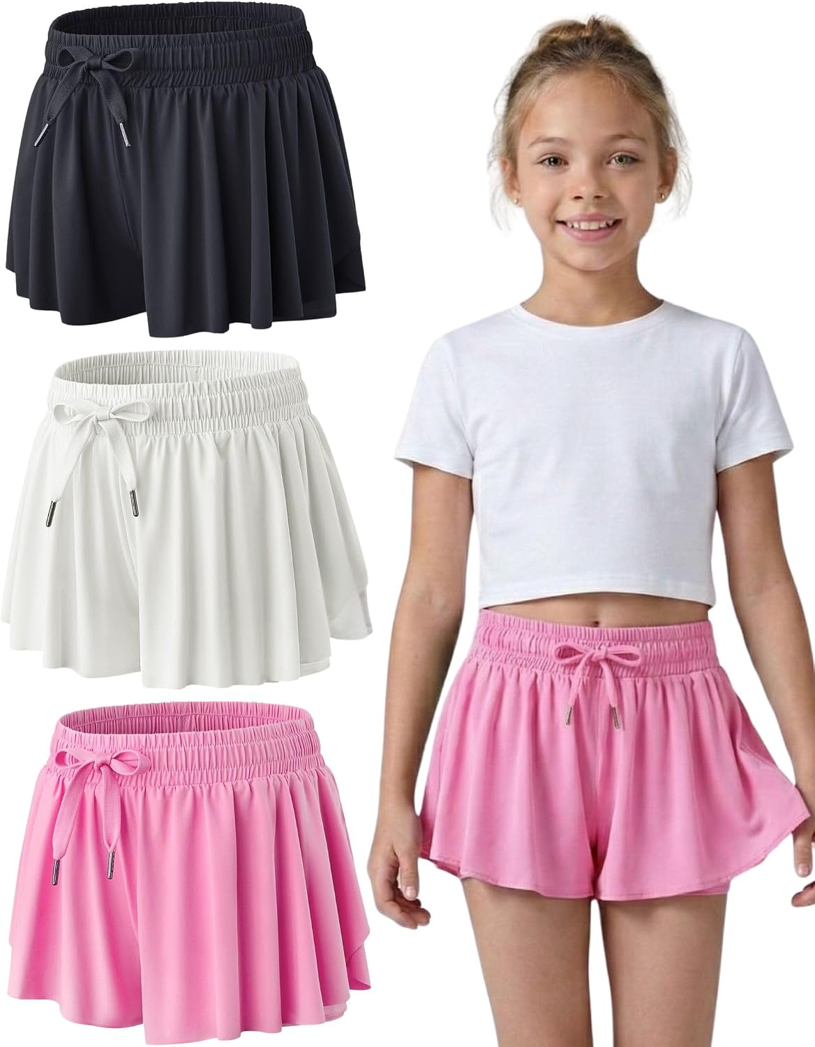 1 or 3 Pack Youth Girls Flowy Shorts with Spandex Liner & Pockets | 2-in-1 Athletic Butterfly Shorts for Kids, Teens, Running Dance Gymnastics