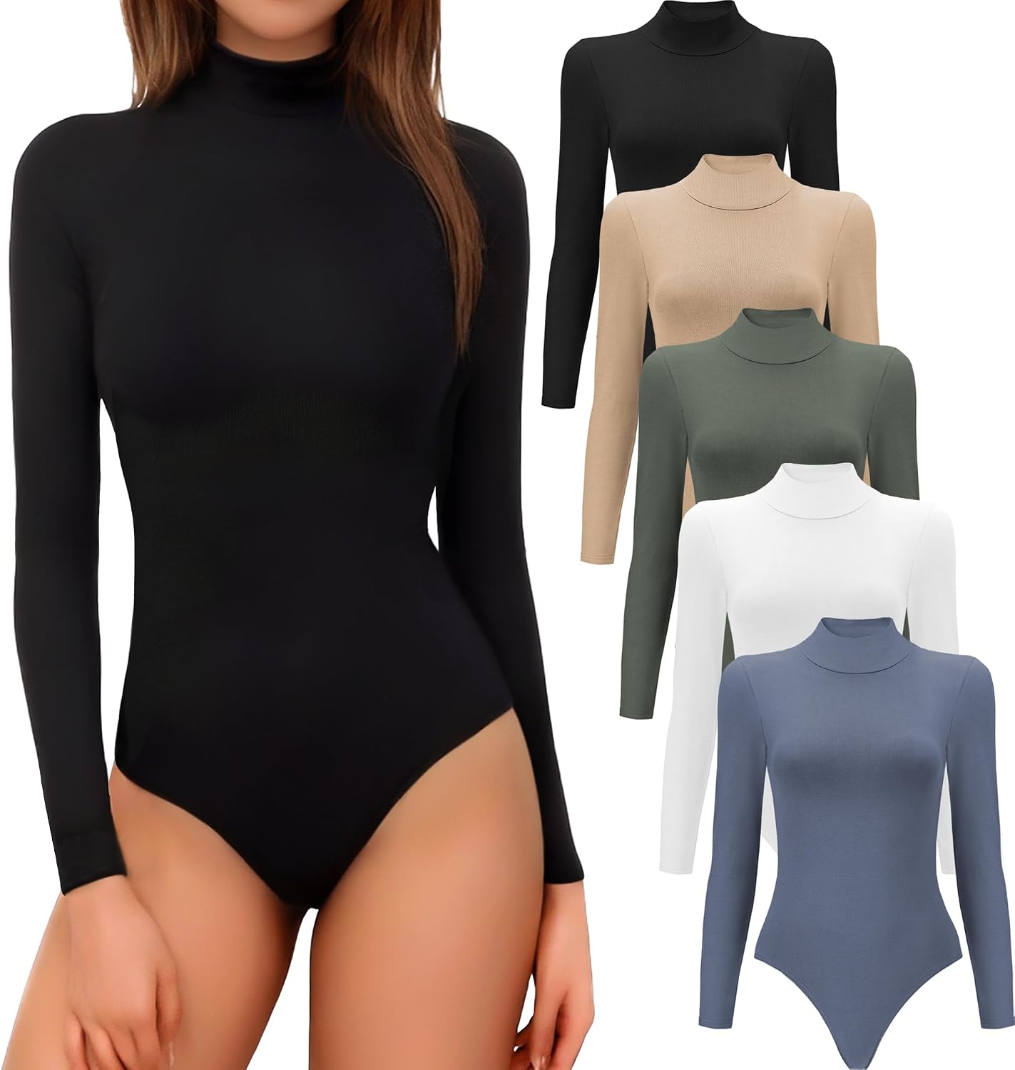 MLYENX 4/5 Pack Long Sleeve Body Suits Womens Mock Turtleneck Casual Basic Stretchy Body Suits Tops