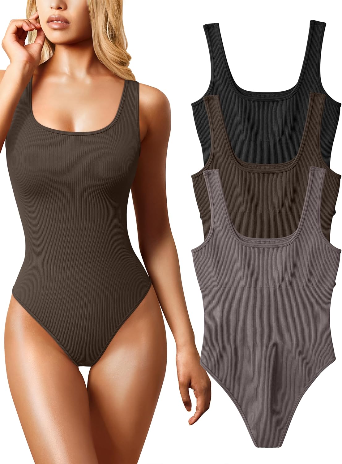 OQQ Women’s 3 Piece Bodysuits Sexy Ribbed Sleeveless Square Neck Tank Tops Leotard 2025 Trendy Outfits