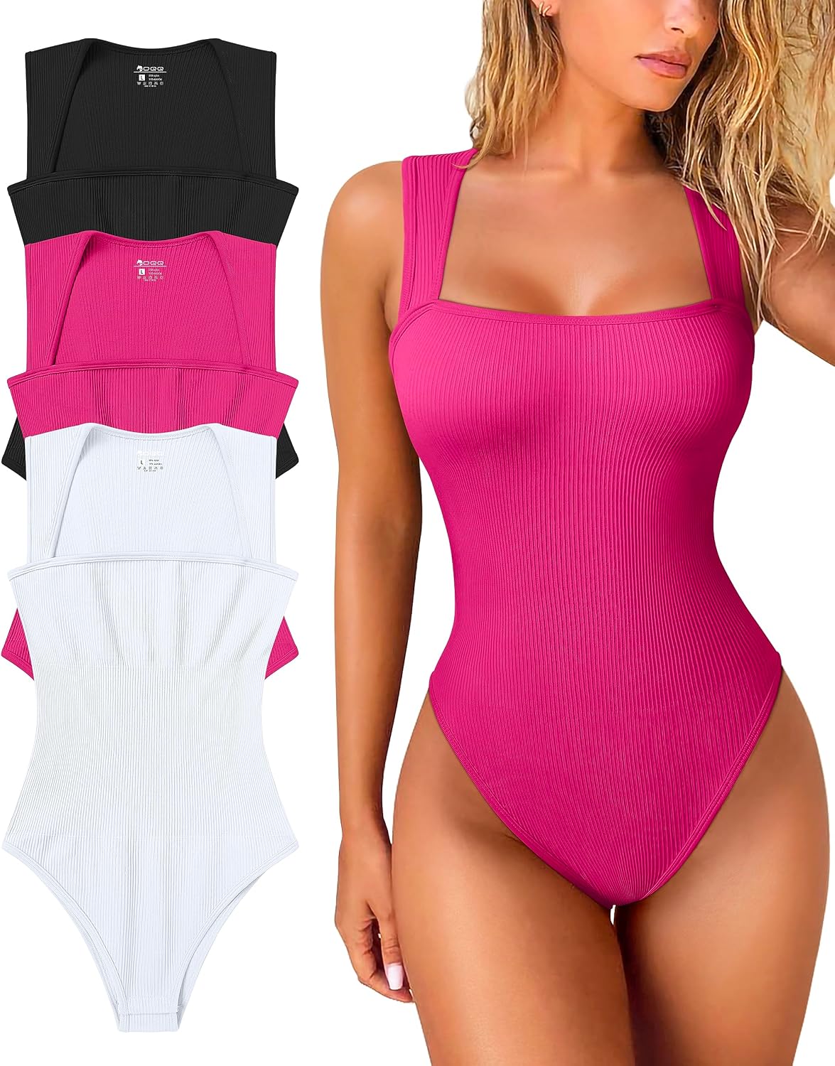 OQQ Women’s 3 Piece Bodysuits Sexy Ribbed Strappy Square Neck Sleeveless Tummy Control Tank Tops Bodysuits