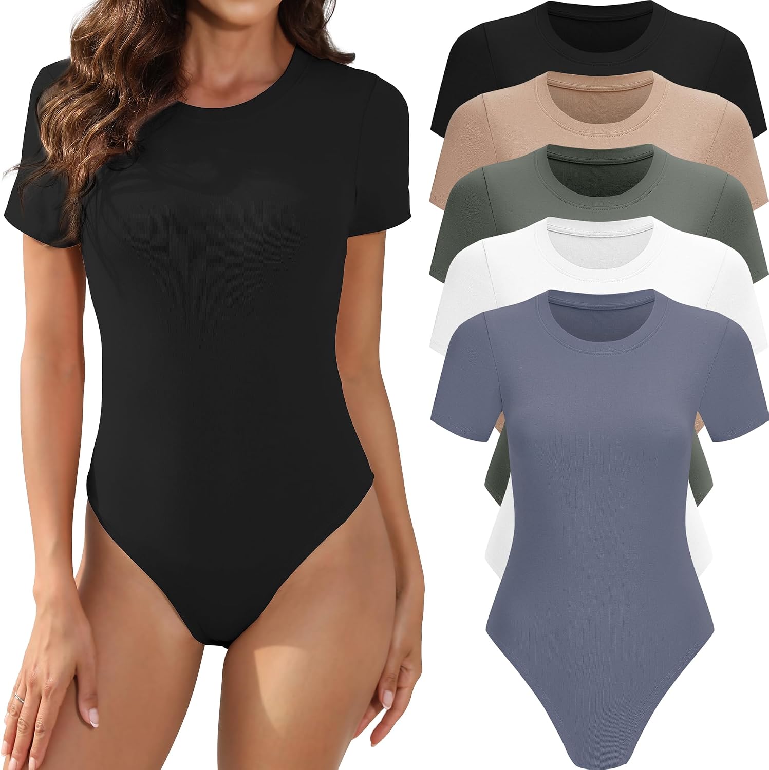 MLYENX 5 Pack Body Suits for Womens Short Sleeve Round Neck Basic Tops